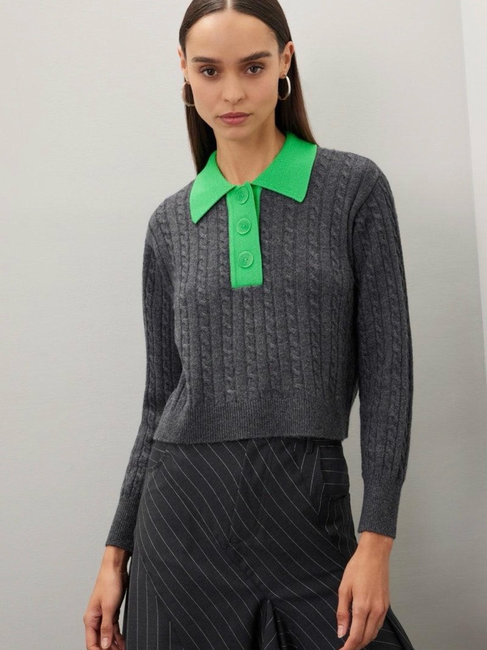 Sandro Gray Cable-Knit Sweater with Bright Green Polo Collar